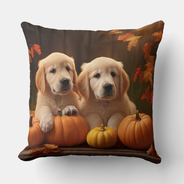 Golden Retriever Puppy Autumn Delight Pumpkin  Throw Pillow (Front)