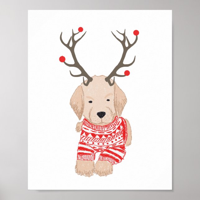 Golden Retriever Puppy  Christmas Sweater Antlers Poster (Front)