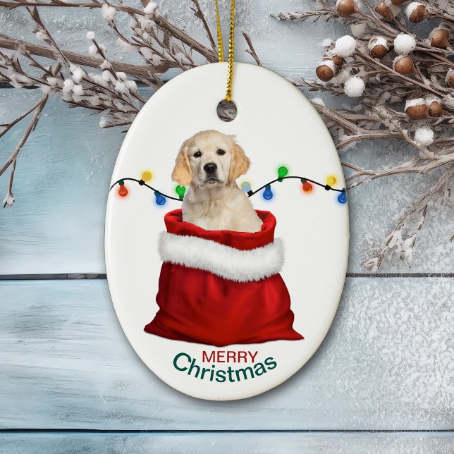 Golden Retriever Puppy Dog in Holiday Gift Bag Ceramic Ornament (Creator Uploaded)
