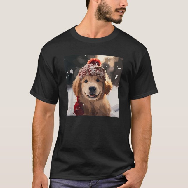Golden Retriever Puppy Dog Playing In Snow Christm T-Shirt (Front)