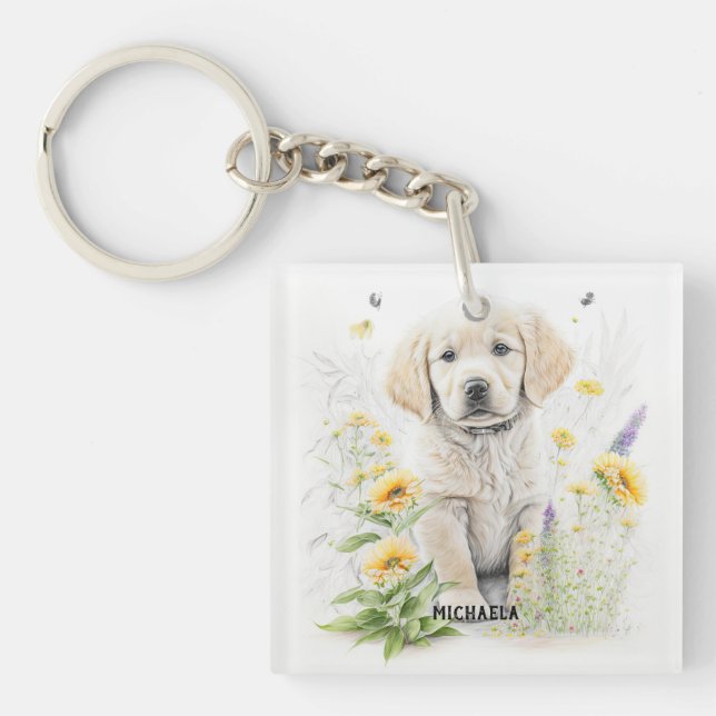 Golden Retriever Puppy et fleurons nom monogramme (Devant)