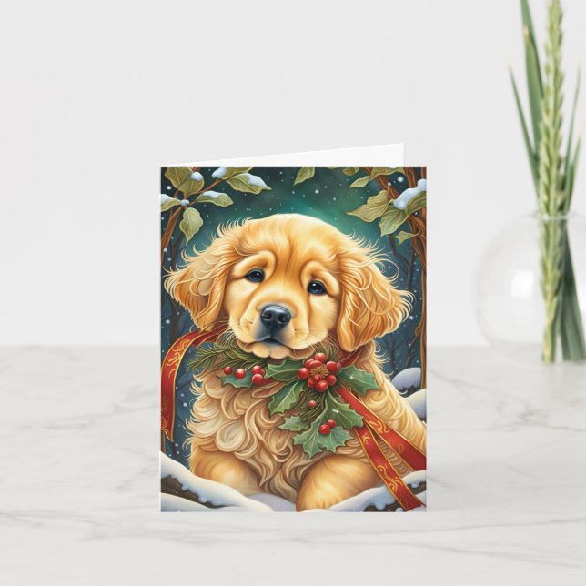 Golden Retriever Puppy Festive Holly Holiday Card (Front)