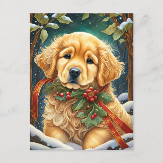 Golden Retriever Puppy Festive Holly Holiday Postcard
