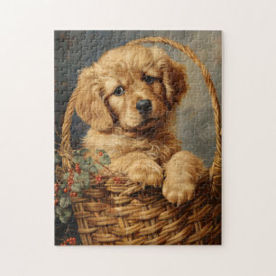 Golden Retriever Puppy in a Basket Jigsaw Puzzle