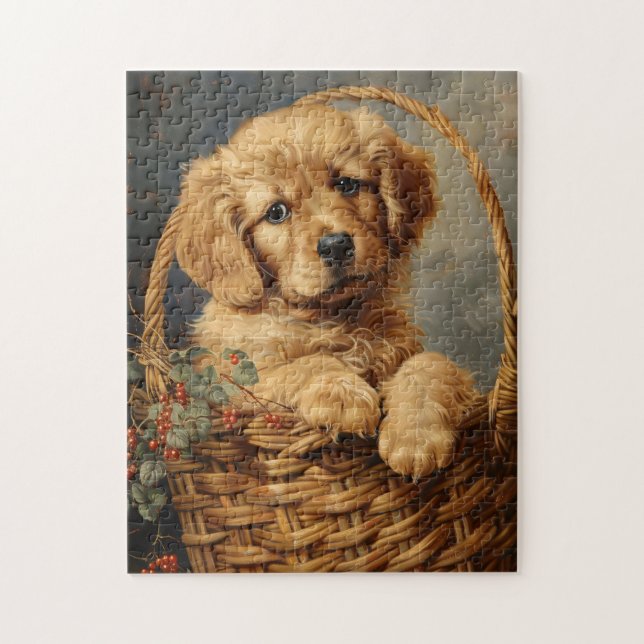 Golden Retriever Puppy in a Basket Jigsaw Puzzle (Vertical)