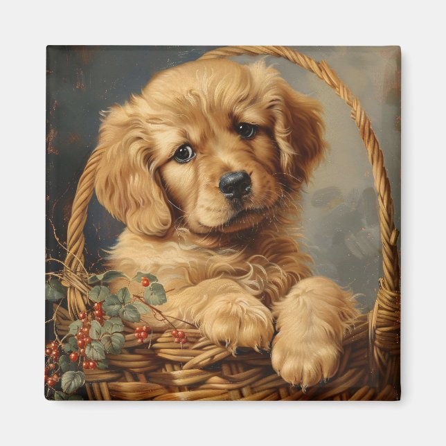 Golden Retriever Puppy in a Basket Magnet (Front)