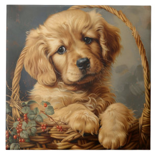 Golden Retriever Puppy in a Basket Tile