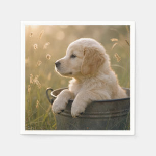 Golden Retriever Puppy in a Metal Bucket Napkin