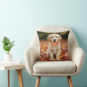 Golden Retriever Puppy in Autumn Leaves Throw Pillow