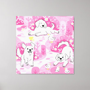 Golden Retriever Puppy in Pink Garden Canvas Print
