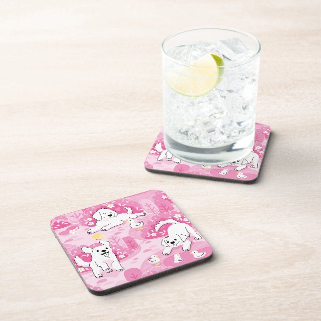 Golden Retriever Puppy in Pink Garden Coaster (Right Side)
