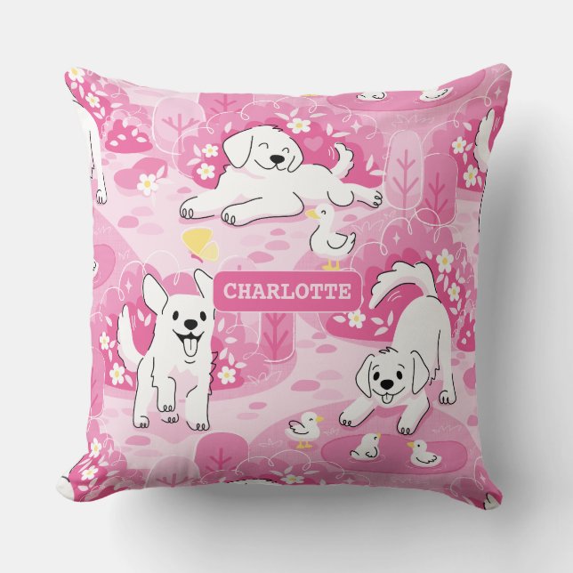 Golden Retriever Puppy in Pink Garden Throw Pillow (Front)