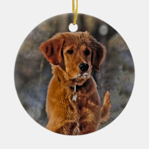 Golden Retriever Puppy in the Snow Ceramic Ornament