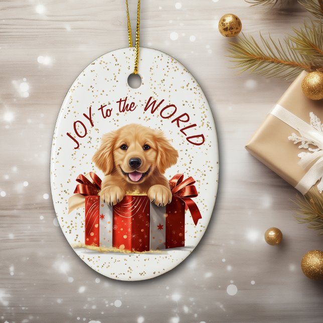 Golden Retriever Puppy Joy to the World Christmas Ceramic Ornament (Creator Uploaded)