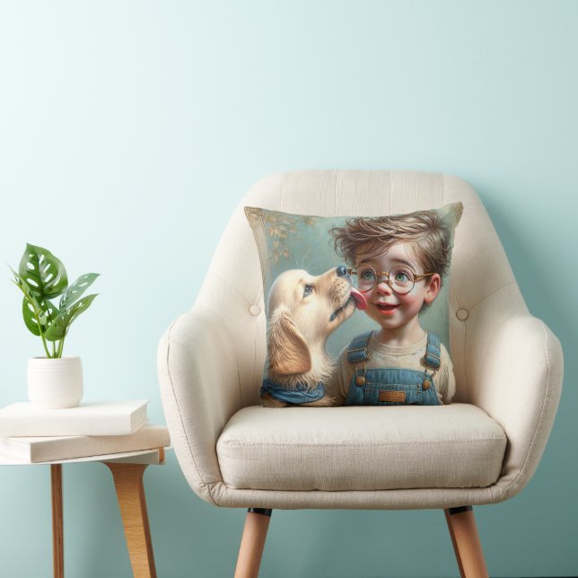 Golden Retriever Puppy Licking Boy Throw Pillow (Chair)