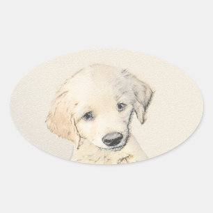 Golden Retriever Puppy Painting - Original Dog Art Oval Sticker