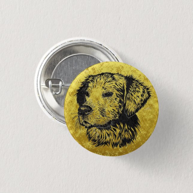 Golden retriever puppy portrait in black and gold 1 inch round button (Front & Back)