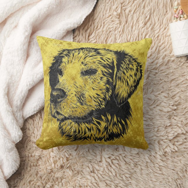 Golden retriever puppy portrait in black and gold throw pillow (Blanket)