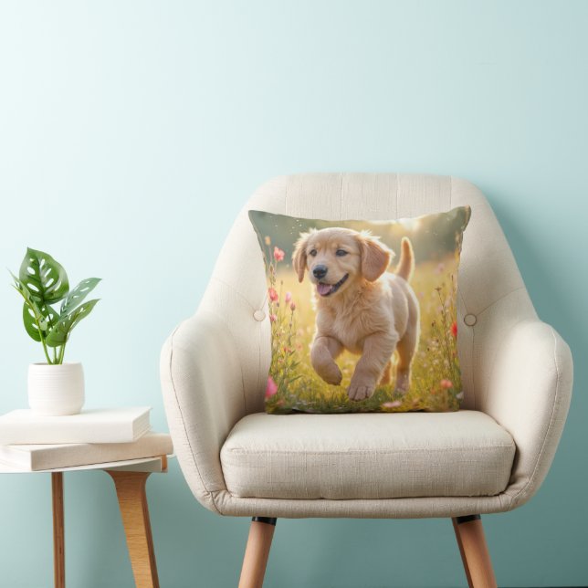Golden Retriever Puppy Running In a Meadow Throw Pillow (Chair)