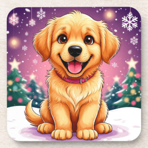 Golden Retriever Puppy Sitting In Christmas Snow Coaster
