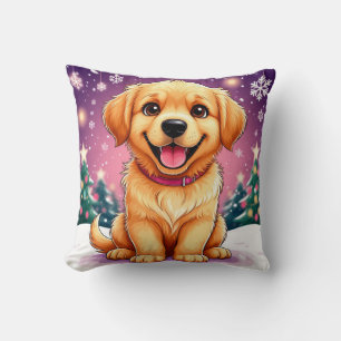 Golden Retriever Puppy Sitting In Christmas Snow Throw Pillow