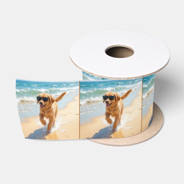 Golden Retriever Puppy Walking the Beach Satin Ribbon (Spool)