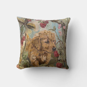 Golden Retriever Puppy Whimsical Dogs Raspberry Throw Pillow