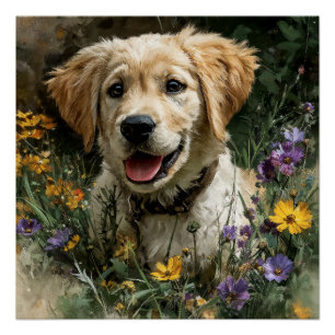 Golden Retriever Puppy Wildflower Meadow Joy Poster