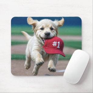 Golden Retriever Puppy With #1 Red Baseball Cap Mouse Pad