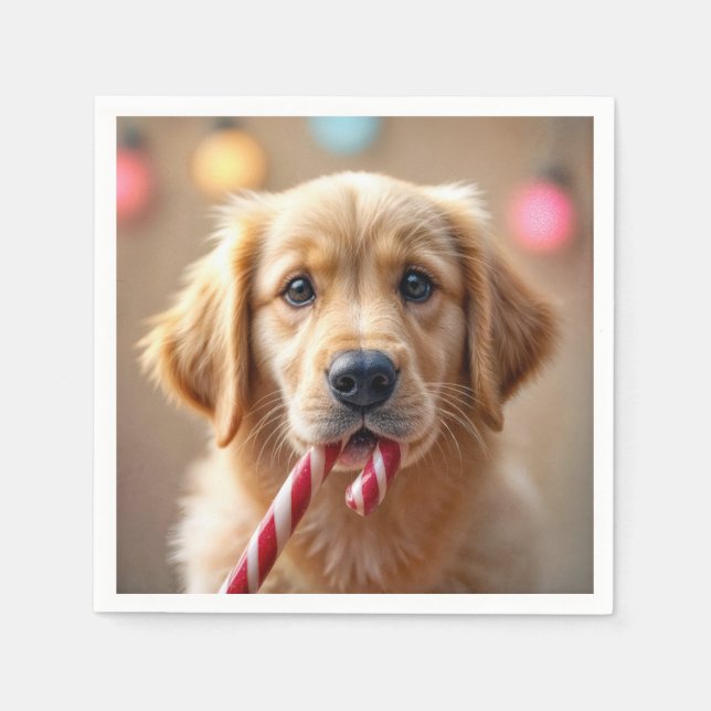 Golden Retriever Puppy With a Candy Cane Napkin (Front)