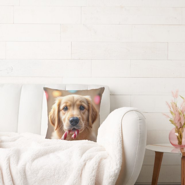 Golden Retriever Puppy With a Candy Cane Throw Pillow (Couch)