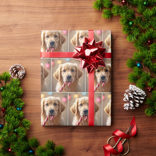Golden Retriever Puppy With a Candy Cane Wrapping Paper (Holiday Gift)