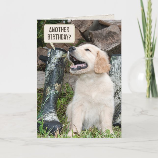Golden Retriever puppy with boots birthday Card (Front)