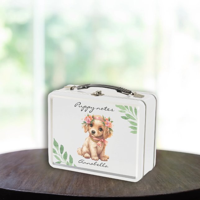  Golden Retriever Puppy With Flowers Custom Name Metal Lunch Box (Creator Uploaded)