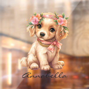 Golden Retriever Puppy With Flowers Custom Name Window Cling