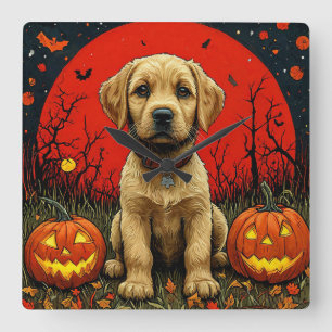 Golden Retriever Puppy With Halloween Pumpkins Square Wall Clock