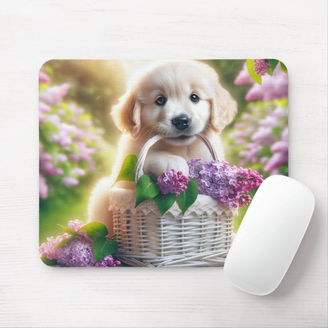 Golden Retriever Puppy With Lilac Basket Mouse Pad (With Mouse)
