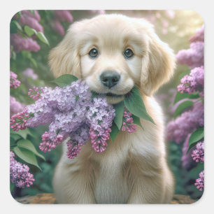 Golden Retriever Puppy With Lilacs Square Sticker