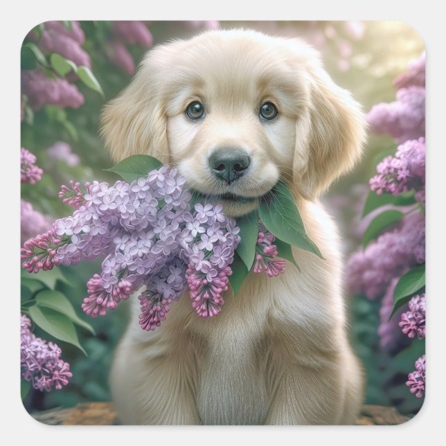 Golden Retriever Puppy With Lilacs Square Sticker (Front)
