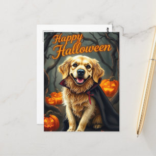 Golden Retriever Puppy with Pumpkins Halloween Postcard