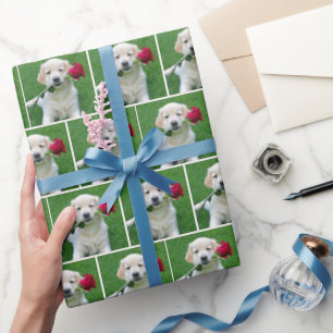 Golden Retriever Puppy With Red Rose Wrapping Paper