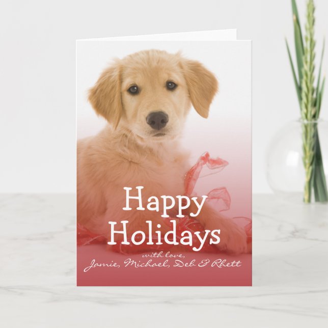 Golden Retriever puppy with ribbon Holiday Card (Front)