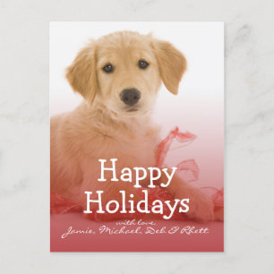 Golden Retriever puppy with ribbon Holiday Postcard