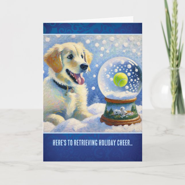Golden Retriever Puppy With Tennis Ball Snow Globe Card (Front)