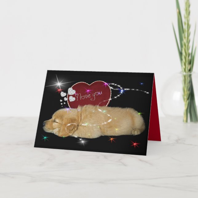 Golden Retriever puppy with valentine heart Holiday Card (Front)