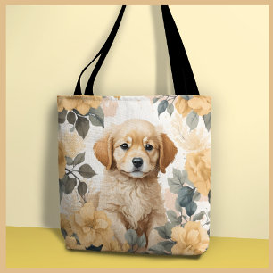 Golden Retriever Puppy Yellow Flowers Tote Bag