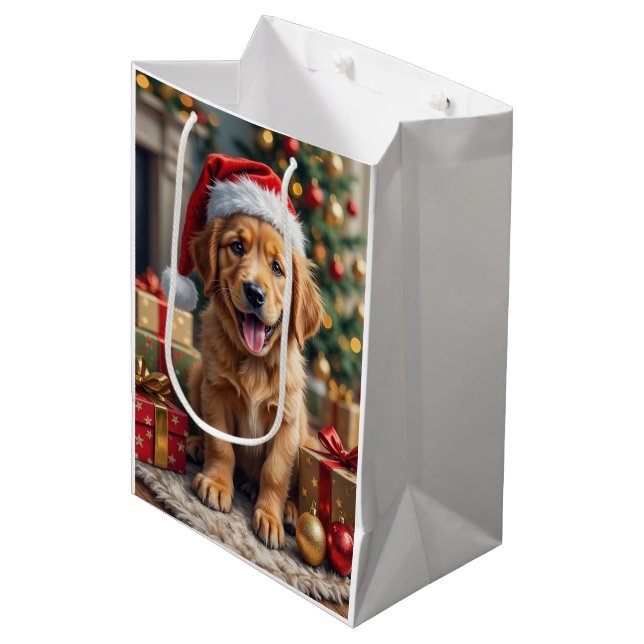 Golden Retriever Puppy's First Christmas Festive Medium Gift Bag (Front Angled)