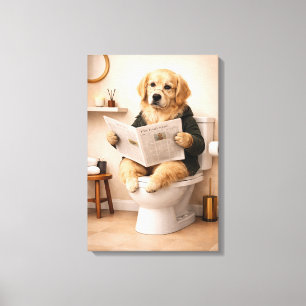 Golden Retriever Reading Newspaper Bathroom Humour Canvas Print