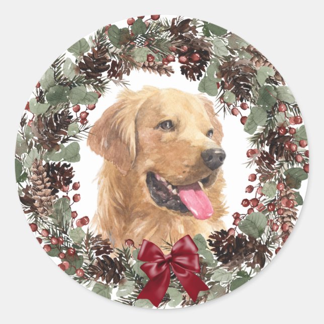 Golden Retriever Red Bow Pinecone Wreath Christmas Classic Round Sticker (Front)
