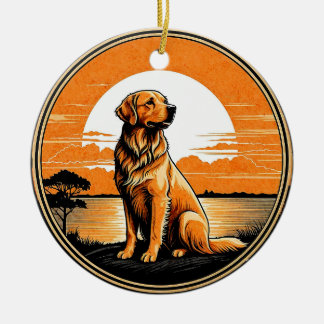 Golden Retriever Retro Sunset Dog Lover Ceramic Ornament